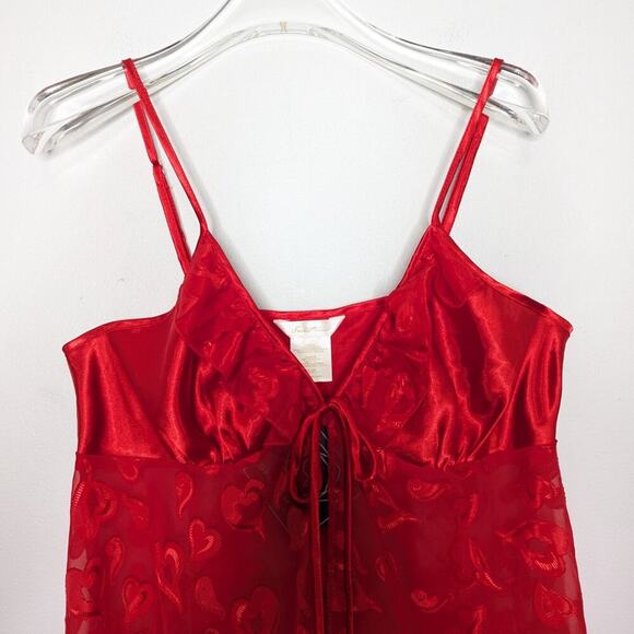 Vintage Y2K Red Satin Heart Pattern Semi Sheer Cami Top Sleeveless Bow Size L - Picture 9 of 11